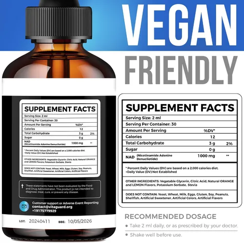 Miniatura 3 de Vita Guard Pure NAD+ Liquid Drops 1000mg Fórmula de nicotinamida y adenina Vegano, sin OMG Sabor natural de limón y naranja Suplemento
