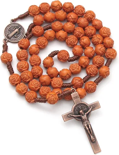 Miniatura 2 de KOMI Rosarios católicos de madera hechos a mano, collar de cuentas de rosario de madera de Belén, oración cristiana, medalla de tierra santa y cruz