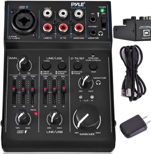 Pyle - Mezclador de audio Bluetooth de 3 canales - Controlador de sonido DJ con tarjeta de sonido USB para grabación en PC - XLR - Conector de