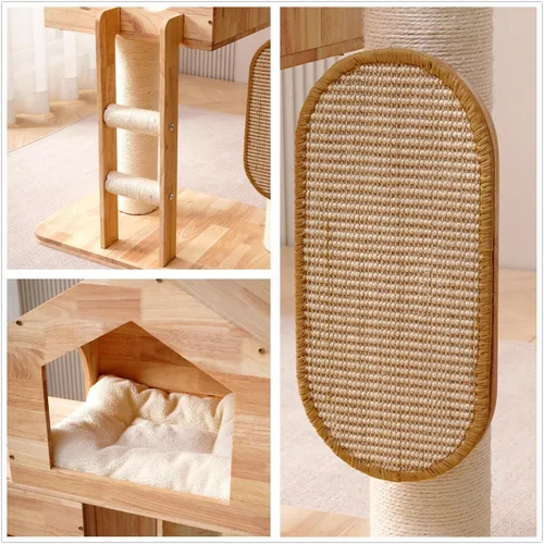 Miniatura 6 de SHENGOCASE Moderno castillo grande de madera maciza de goma maciza para gatos con cama grande cerrada, condominio, poste rascador y rascador