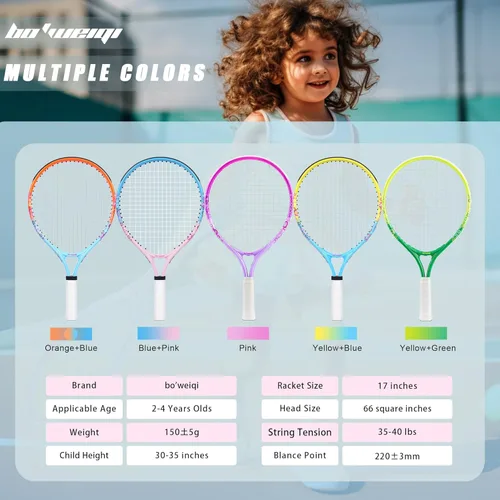 Miniatura 7 de bo'weiqi Raqueta de tenis para niños de 17"-25" para edades de 2-12 años, raqueta de tenis juvenil ligera para niñas y niños, deportes al aire Azul