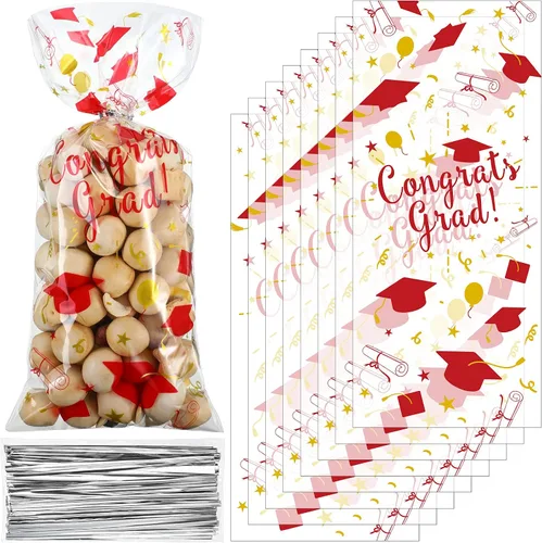 Miniatura 8 de Blulu 100 bolsas de celofán de graduación, felicitaciones para graduados, bolsas de regalo de plástico con 100 lazos giratorios plateados para Negro