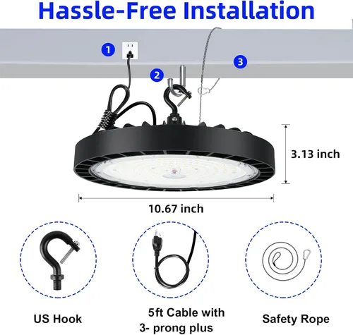 Miniatura 8 de hykolity Luz LED de alta bahía de 200 W, 5000 K UFO LED de alta bahía con enchufe estadounidense [equivalente a 600 W MH/HPS] 100-277 V, 26,000 lm