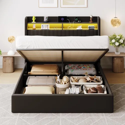 Miniatura 7 de SHA CERLIN - Estructura de cama de tamaño matrimonial con almacenamiento elevado/Luces LED/Estación de carga/Cabecero con estantes de 2 niveles/USB