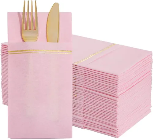 Miniatura 11 de Nervure 100 servilletas de papel doradas con bolsillo integrado para cubiertos - Servilletas desechables preplegadas blancas y doradas tipo tela