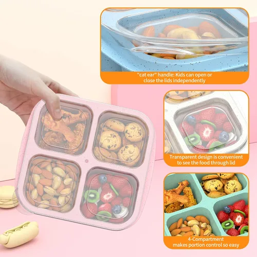 Miniatura 2 de Cajas Bento para Aperitivos (Paquete de 4) - Contenedores Reutilizables de 4 Compartimentos para Preparación de Comida para Niños y Adultos