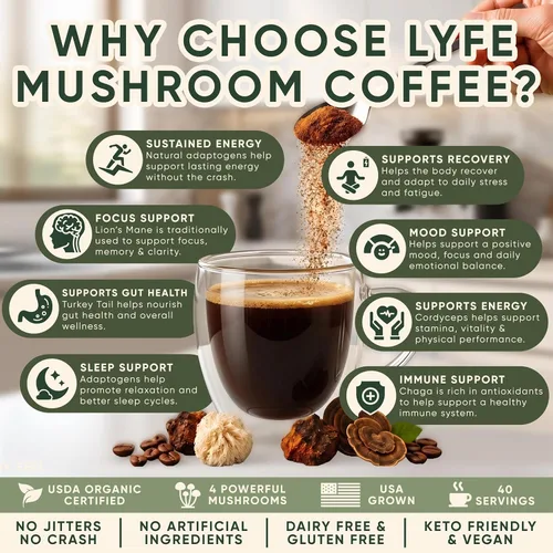 Miniatura 4 de LYFE Café orgánico instantáneo de hongos, 40 porciones: mezcla de café adaptogénico instantáneo con melena de león, chaga, cordyceps, trompeta King