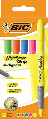 BIC Empuñadura de resaltador, agarre de goma acanalado para mayor comodidad, tinta a base de agua, colores surtidos, paquete de 5