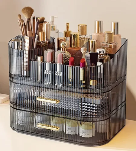 Miniatura 7 de Organizador de maquillaje SpaceLuxe con cajones y soporte giratorio de 360°, almacenamiento cosmético de gran capacidad para tocador, cuidado