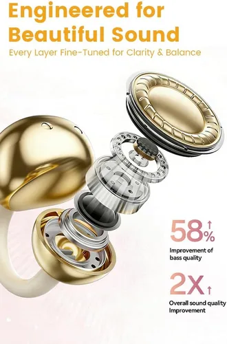 Miniatura 4 de Auriculares con clip de oreja abierta, auriculares inalámbricos Bluetooth 6.0 con espejo de maquillaje, luz LED, tiempo de reproducción de 50 horas
