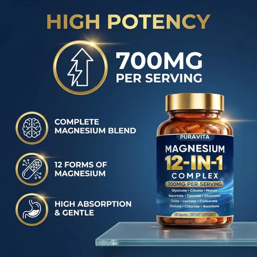 Miniatura 2 de Puravita Cápsulas complejas de magnesio 12 en 1, mezcla de alta absorción de 700 mg con glicinato, citrato, malato, óxido y taurato. Apoya