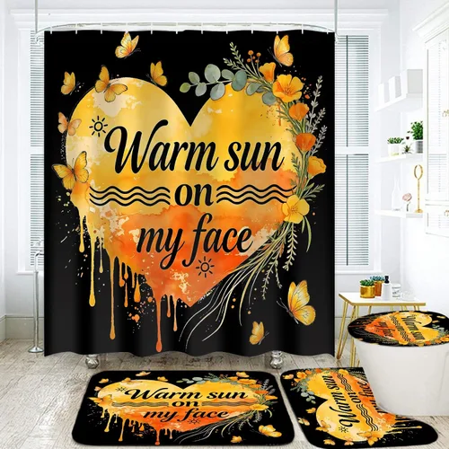 LQCOOL Juego de 4 cortinas de ducha de color negro y naranja, juego de baño de verano, juegos de baño impermeables con cortina de ducha y alfombras,