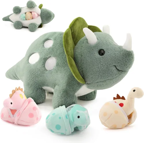 Miniatura 9 de Animales de peluche de dinosaurio, juguete de peluche para niñas y niños, una mamá dinosaurio con 3 dinosaurios bebés, triceratops, estegosaurio