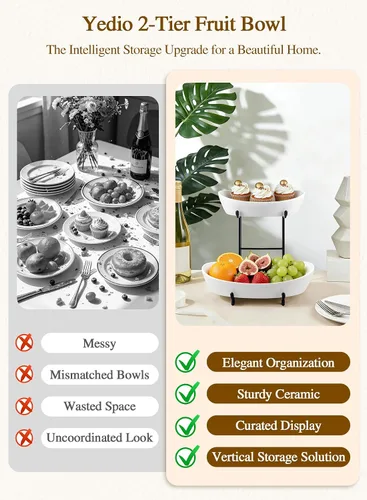 Miniatura 9 de Cuencos de frutas para encimera de cocina, no requiere montaje, cuencos de porcelana de 2 niveles con soporte de metal, cesta de frutas escalonada