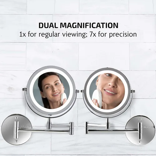 Miniatura 2 de OVENTE Espejo de maquillaje iluminado para montaje en la pared, espejo de tocador de doble cara de 7 pulgadas con aumento 1X/7X para baño con luces