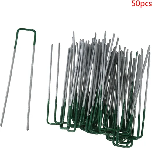 Miniatura 2 de 50 grapas de jardín medio verde en forma de U clavijas de césped artificial pasadores de césped de metal galvanizado