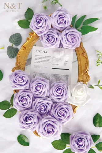 Miniatura 6 de N&T NIETING 25 unidades de flores artificiales, Rosas de espuma artificial de sensación real al tacto, decoración para boda, dama de honor, ramo