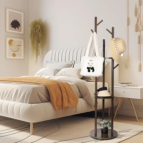 Miniatura 7 de Perchero de madera con 3 estantes y 9 ganchos, perchero giratorio independiente para entrada, dormitorio, sala de estar, pasillo, capacidad