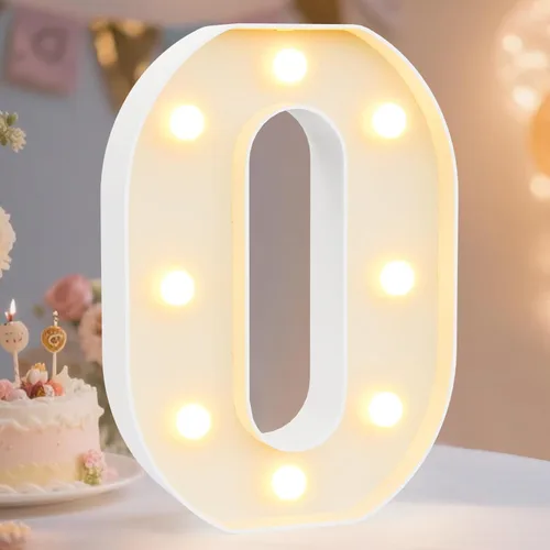 Pooqla - Letras y números decorativos con luces LED, de plástico, para decoración de fiestas y bodas, color blanco, funciona con pilas, número 0
