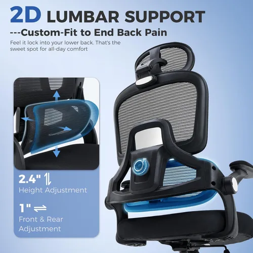 Miniatura 3 de Silla de oficina ergonómica, silla de escritorio de malla con soporte lumbar ajustable 2D, alivia el dolor de espalda durante largos días de trabajo