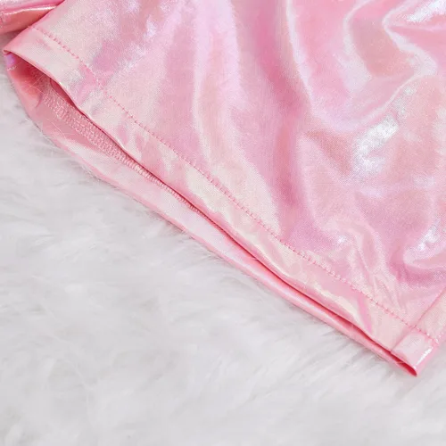 Miniatura 5 de ZYBOUTIC Pantalones cortos metálicos para niñas pequeñas, pantalones cortos brillantes de piel sintética de poliuretano, cintura elástica