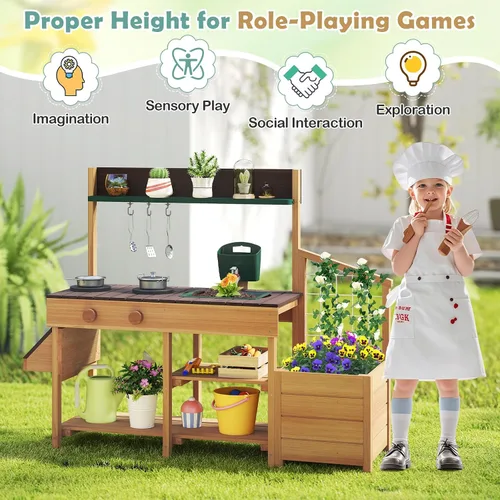 Miniatura 8 de Costzon Cocina de barro, banco de madera para macetas para niños con grifo extraíble, fregadero, estufas, pomos de rotación, cajas para macetas