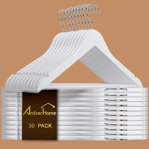 Miniatura 10 de Amber Home Paquete de 30 perchas de madera maciza para trajes, perchas de madera con acabado blanco liso con barra antideslizante para pantalones