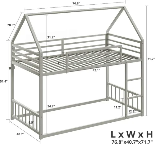 Miniatura 6 de LIKIMIO Litera individual sobre individual, marco de litera de casa con escalera y barandilla, forma de casa con listones de metal para dormitorio