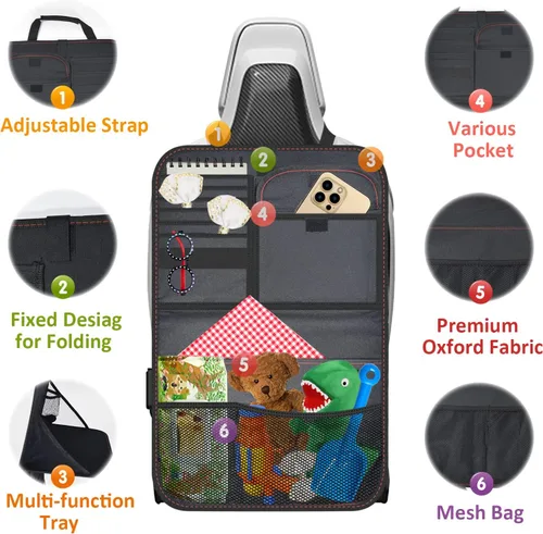 Miniatura 3 de Organizador de asiento trasero de automóvil de tela Oxford con bandeja plegable para usar como mesa infantil y bolsa de viaje para guardar artículos