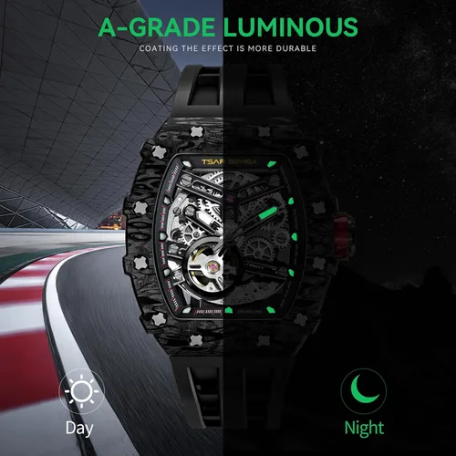 Miniatura 4 de TSAR BOMBA Reloj para hombre, reloj automático impermeable de 164.0 ft, esqueleto mecánico Tonneau con esfera de cara grande, reloj negro