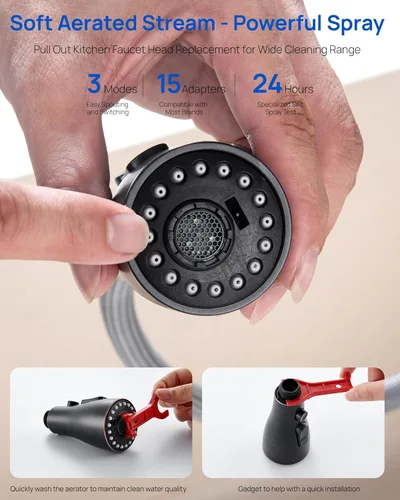 Miniatura 6 de Cabezal Rociador de Repuesto para Grifo de Cocina Extraíble, 15 Conectores, Boquilla de Repuesto de Rociador de Fregadero Extraíble de 3 Funciones