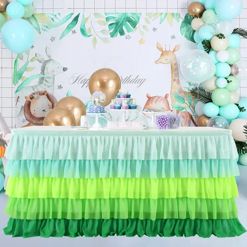 Miniatura 2 de Mantel verde hierba, falda de mesa tutú hawaiana para mesa rectangular de 6 pies, fiesta tropical hawaiana, baby shower, fiesta de cumpleaños