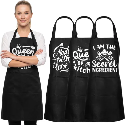 Paquete de 3 divertidos delantales de cocina para mujeres y hombres, delantales de cocina negros a prueba de aceite con bolsillos ajustables, regalo