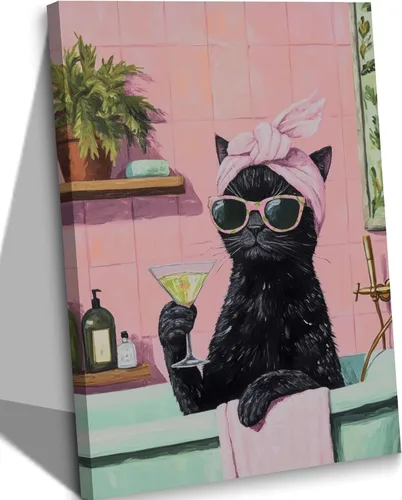 Divertido lienzo de baño negro con diseño de gato negro para pared, póster de lindo gato en la bañera, pintura de animales caprichosos, imagen de