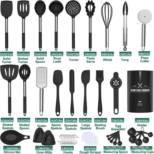 Miniatura 6 de Umite Chef - Juego de utensilios de cocina de silicona, 43 piezas, resistentes al calor, juego de herramientas de cocina negras con asas de acero