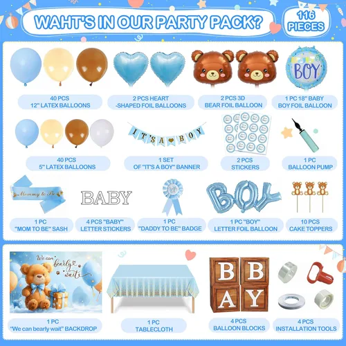 Miniatura 2 de Decoraciones de oso para baby shower, 80 globos, 4 bloques de grano de madera con letra, telón de fondo con texto en inglés "We can bearly wait