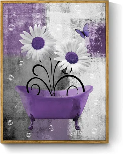 Miniatura 26 de HVEST Arte de pared retro floral morado para sala de estar, casa de campo, margaritas y mariposas en lienzo geométrico abstracto, arte de pared