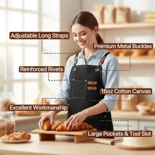Miniatura 5 de Delantales de Lona de Trabajo para Hombres y Mujeres con 3 Bolsillos, Delantal de Alta Resistencia con Correa Cruzada para Cocina, Chef