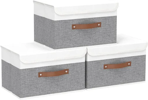 Miniatura 27 de Yawinhe SNK024BEN-1 Cajas de almacenamiento plegables, cestas apilables de tela de lino, contenedor con tapa y asa de cuero, lavable, para el hogar