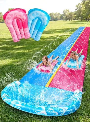 Miniatura 9 de JOYIN - Toboganes de agua de 22.5 pies y 2 tablas de bodyboard, tobogán de agua para césped, juguete de verano con rociador integrado para patio