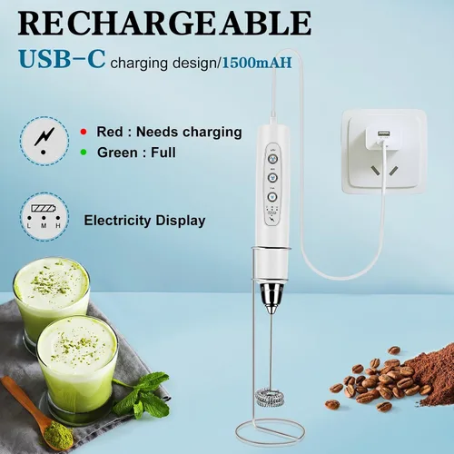 Miniatura 2 de BSRGMS Espumador de leche de mano con soporte, batidor eléctrico de 3 velocidades ajustables, mezclador de bebidas con 3 batidores de acero Blanco
