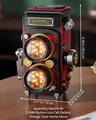 Miniatura 6 de TYCOLE Juegos de bloques de construcción de cámara retro con luces, juguetes de construcción de cámara DIY con diseño reflejo de doble lente