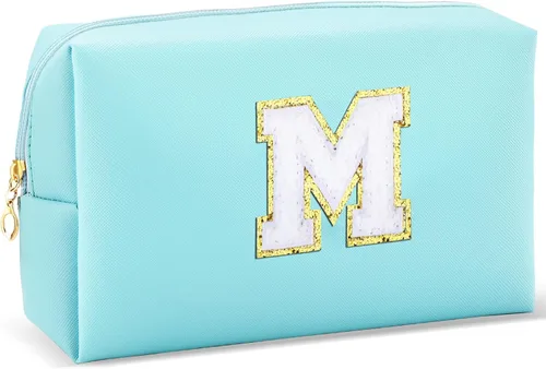 Miniatura 12 de URSKYTOUS Regalos para niñas, bolsa de maquillaje con inicial, bolsa de cosméticos personalizada con cremallera, bonita bolsa de aseo de viaje, Azul