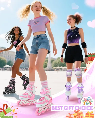 Miniatura 8 de SULIFEEL Love Hearts - Patines en línea ajustables de 4 tamaños para niñas con pompones esponjosos, ruedas iluminadas de 3 a 12 años, regalo de Rosa