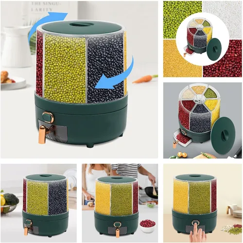 Miniatura 7 de Dispensador de cereales, Dispensador de grano giratorio de 360° de 6 rejillas, Dispensador de arroz transparente sellado 6 en 1, Contenedor de verde