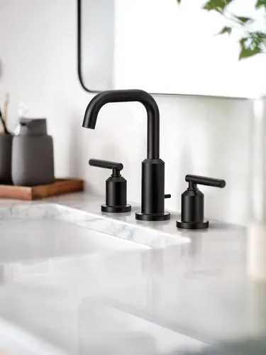 Miniatura 8 de Moen Gibson Grifo de Lavabo de Baño Moderno de Arco Alto Extenso de Dos Manijas Negro Mate, Grifo de Baño Moderno para Lavabos de Baño de Tres