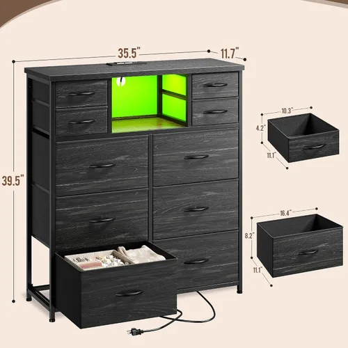 Miniatura 3 de Romorgniz - Cómoda para dormitorio con 10 cajones con luz LED y toma de corriente, cómodas de tela y cómoda con estantes abiertos para pasillo, sala