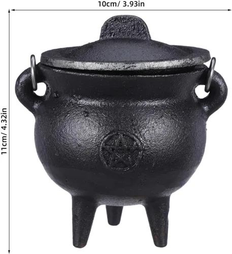 Miniatura 4 de DOITOOL Caldero de hierro fundido con tapa y asa, caldero de bruja de Halloween, olla de bruja negra para manchar, quemar incienso, decoración
