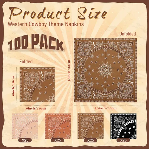 Miniatura 2 de Teling Servilletas tipo bandana de 2 capas desechables con estampado de cachemira a granel para fiesta temática de vaquero occidental