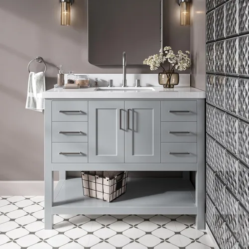 Miniatura 22 de DKB Isabella - Mueble de baño negro de 42 pulgadas con fregadero, lavabo rectangular, encimera de cuarzo blanco puro y protector contra salpicaduras